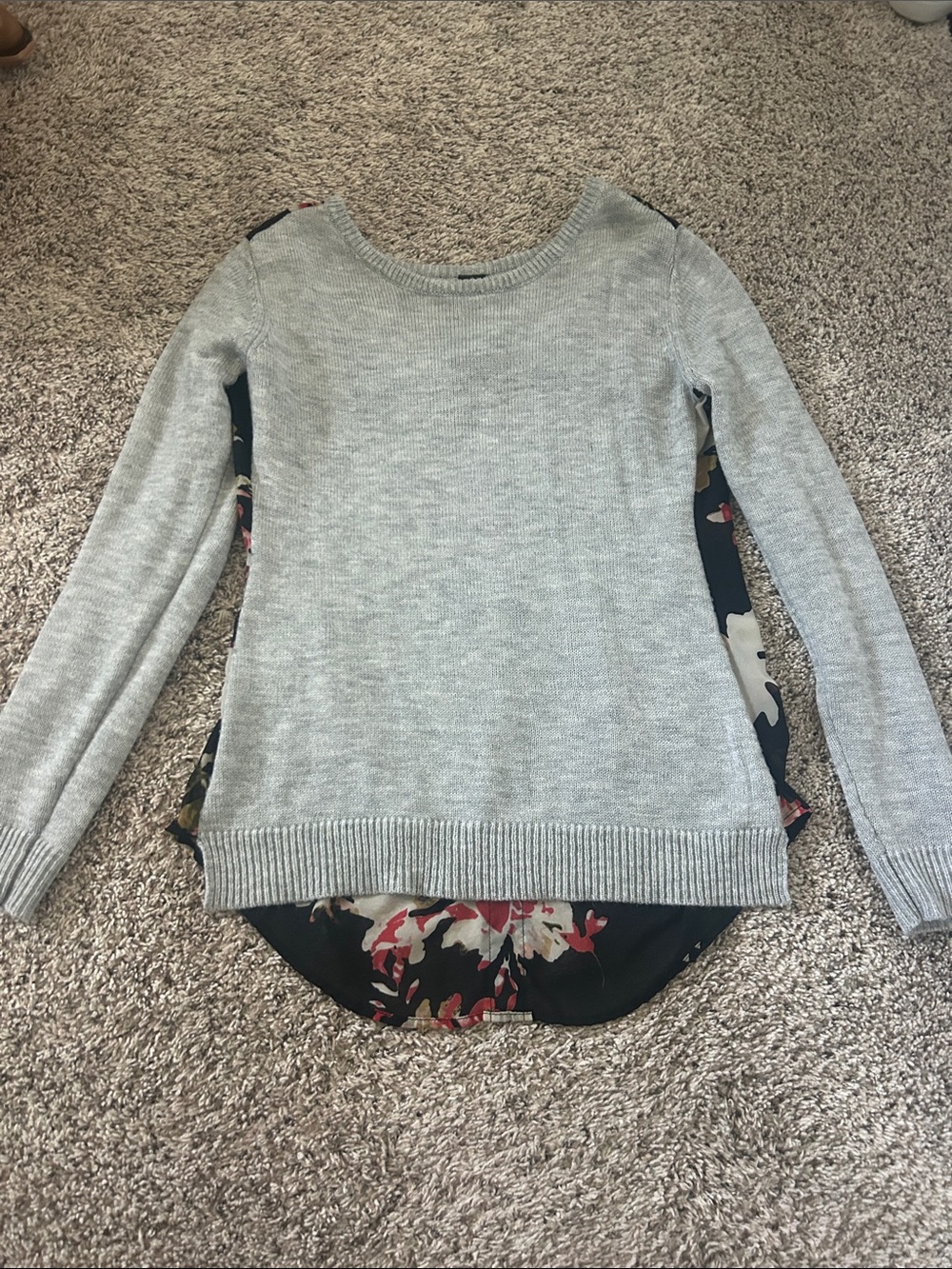 Light Gray Crewneck Sweater with Floral Back Detail